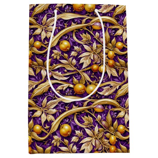 Gouden bladeren en granaatappels Paarse Medium Cadeauzakje (Voorkant)