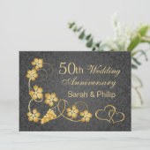 Gouden bladeren en verbonden harten 50ste verjaard kaart (Staand voorkant)
