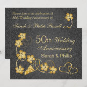 Gouden bladeren en verbonden harten 50ste verjaard kaart (Voorkant / Achterkant)