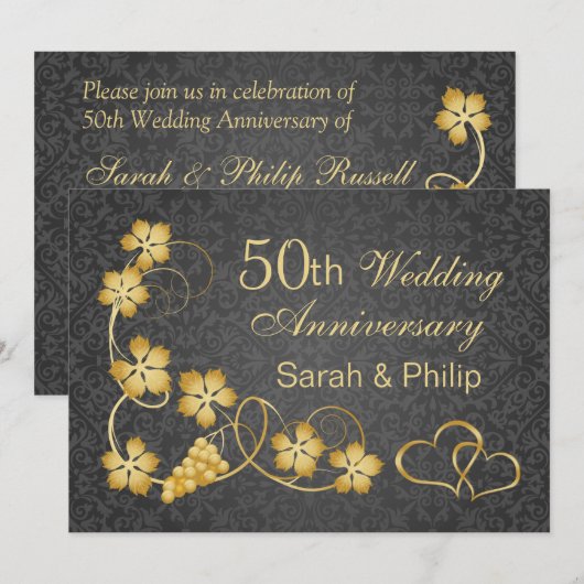 Gouden bladeren en verbonden harten 50ste verjaard kaart (Voorkant / Achterkant)