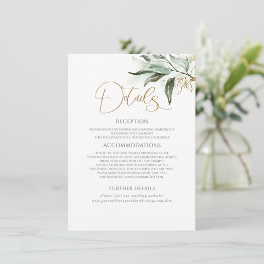 Gouden bladeren & Eucalyptus groen bruiloft detail Informatiekaartje (Staand voorkant)