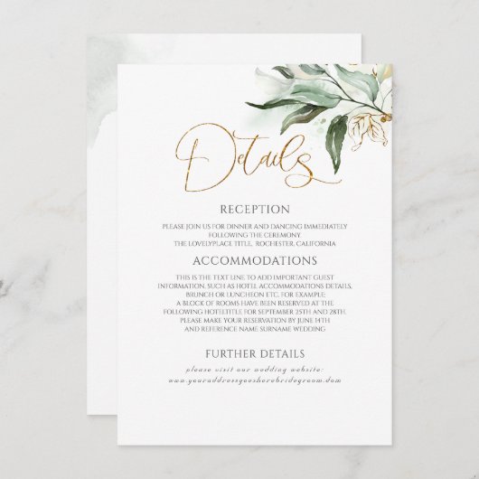Gouden bladeren & Eucalyptus groen bruiloft detail Informatiekaartje (Voorkant / Achterkant)