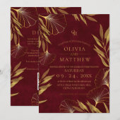 Gouden Bladeren / Gouden en bordeauxrood huwelijks Kaart (Voorkant / Achterkant)