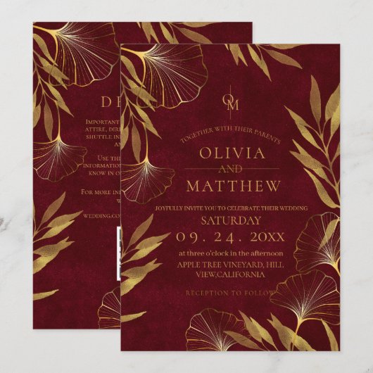Gouden Bladeren / Gouden en bordeauxrood huwelijks Kaart (Voorkant / Achterkant)