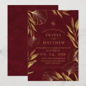 Gouden bladeren / Gouden en Bourgondische bruiloft Kaart (Voorkant / Achterkant)