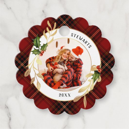 Gouden bladeren, Holly & Foto op Kerstmis Tartan Bedankjes Labels (Voorkant)