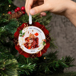 Gouden bladeren, Holly & Foto op Kerstmis Tartan Ornament Kaart