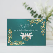 Gouden bladeren Lijst op Blauwgroen RSVP Kaartje (Staand voorkant)