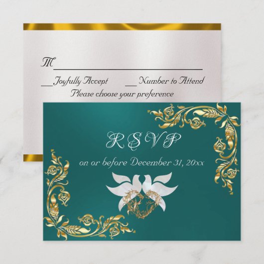 Gouden bladeren Lijst op Blauwgroen RSVP Kaartje (Voorkant / Achterkant)