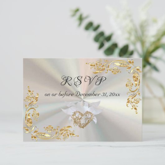 Gouden bladeren Lijst op White Pearl RSVP Kaartje (Staand voorkant)