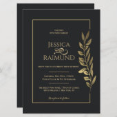 Gouden bladeren Modern Zwart Bruiloft Kaart (Voorkant / Achterkant)
