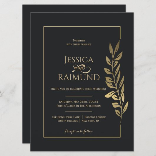 Gouden bladeren Modern Zwart Bruiloft Kaart (Voorkant / Achterkant)