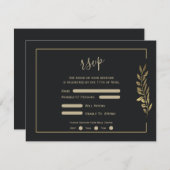 Gouden bladeren Modern Zwart Bruiloft RSVP Kaartje (Voorkant / Achterkant)