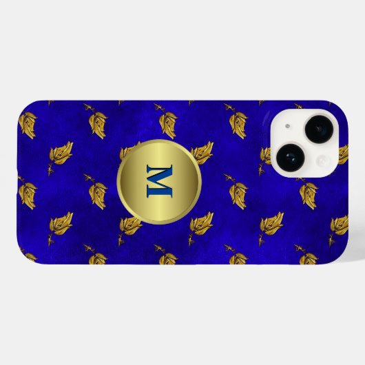 Gouden bladeren op blauw fluweel monogram Case-Mate iPhone case (Achterkant (horizontaal))