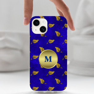Gouden bladeren op blauw fluweel monogram Case-Mate iPhone 14 hoesje