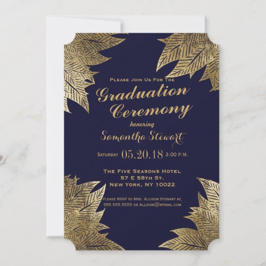 Gouden bladeren op de Navy Blue Afstuderen Ceremon Kaart (Voorkant)