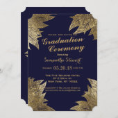 Gouden bladeren op de Navy Blue Afstuderen Ceremon Kaart (Voorkant / Achterkant)