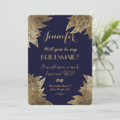 Gouden bladeren op marineblauwe bruidsmeisje uitno kaart (Staand voorkant)