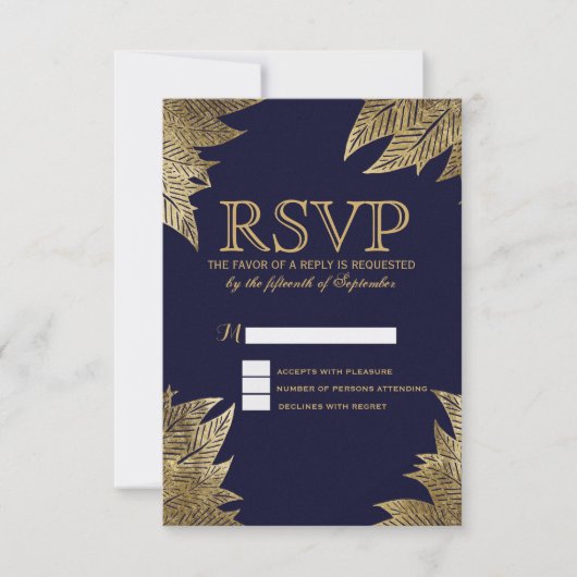 Gouden bladeren op Navy Blue RSVP-kaarten RSVP Kaartje (Voorkant)