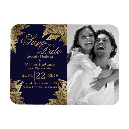 Gouden bladeren op Navy Blue Save the Date Magnets Magneet (Horizontaal)