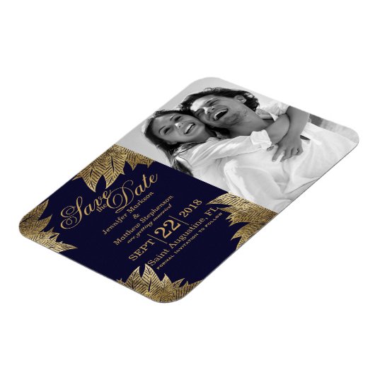 Gouden bladeren op Navy Blue Save the Date Magnets Magneet (Linkerzijde)