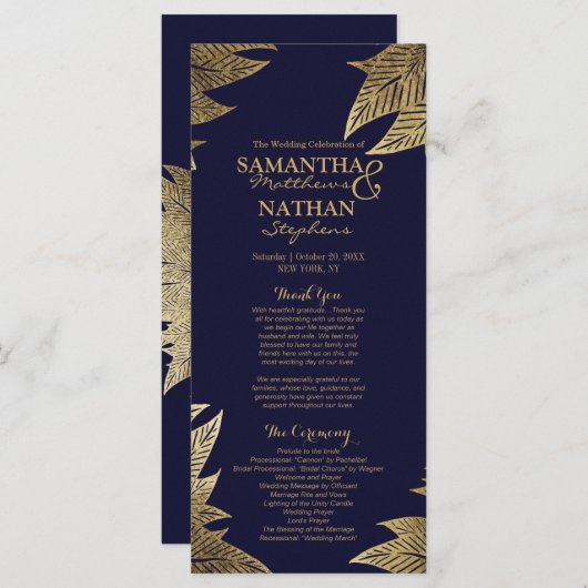 Gouden bladeren op Navy Blue Wedding Programma's (Voorkant / Achterkant)