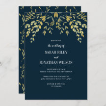 Gouden bladeren op Navy bruiloft uitnodiging