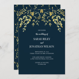 Gouden bladeren op Navy bruiloft uitnodiging