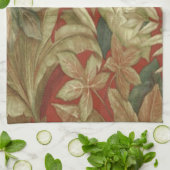 Gouden bladeren op rode keukenhanddoek (Gevouwen)