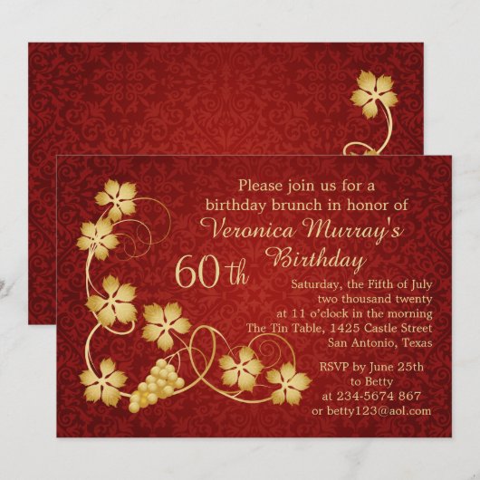 Gouden bladeren op wijnstok, rode damast 60e verja kaart (Voorkant / Achterkant)