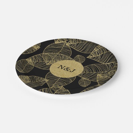 Gouden bladeren op zwart Elegant bruiloft Papieren Bordje (Gekanteld)