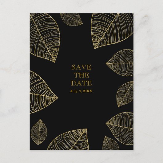 Gouden bladeren op zwart Elegant SAVE THE DATE Aankondigingskaart (Voorkant)
