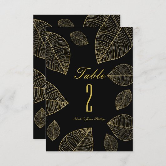Gouden bladeren op zwart Elegant Trouwtafel nummer Kaart (Voorkant / Achterkant)