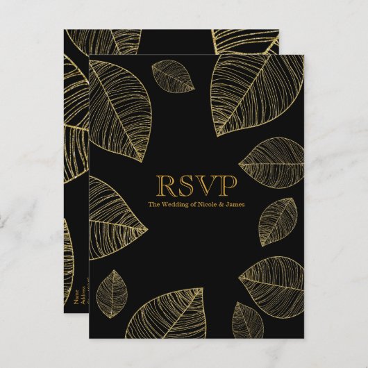 Gouden bladeren op zwarte elegante bruiloft RSVP-k Uitnodiging Briefkaart (Voorkant / Achterkant)
