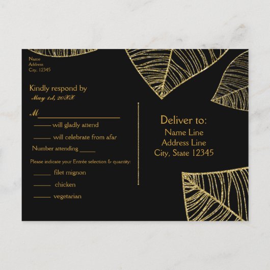 Gouden bladeren op zwarte elegante bruiloft RSVP-k Uitnodiging Briefkaart (Achterkant)
