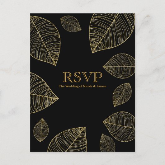 Gouden bladeren op zwarte elegante bruiloft RSVP-k Uitnodiging Briefkaart (Voorkant)