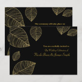 Gouden bladeren op zwarte elegante bruiloft uitnod kaart (Voorkant / Achterkant)