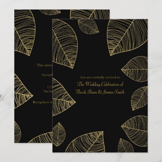 Gouden bladeren op zwarte elegante bruiloft uitnod kaart (Voorkant / Achterkant)