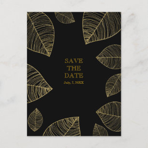 Gouden bladeren op zwarte elegante SAVE THE DATE Aankondigingskaart