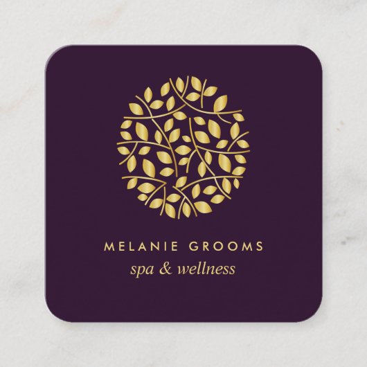 Gouden bladeren | Paarse | Wellness Spa Massage Yo Vierkante Visitekaartje (Voorkant)