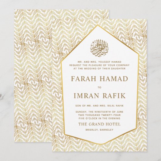 Gouden bladeren patroon islamitische moslim bruilo kaart (Voorkant / Achterkant)