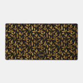 Gouden bladeren patroon op zwart monogram bureaumat (Voorkant)