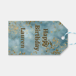 Gouden Bladeren Teal Achtergrond Gelukkig Verjaard Cadeaulabel