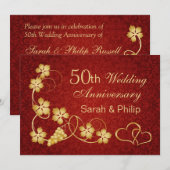 Gouden bladeren, wijnstok, harten 50ste huwelijksj kaart (Voorkant / Achterkant)