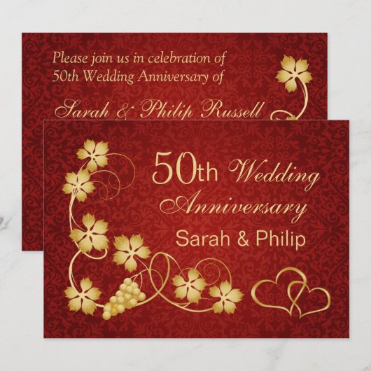 Gouden bladeren, wijnstok, harten 50ste huwelijksj kaart (Voorkant / Achterkant)