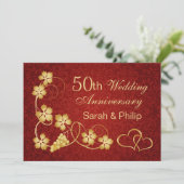 Gouden bladeren, wijnstok, harten 50ste huwelijksv kaart (Staand voorkant)