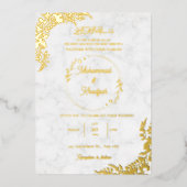 Gouden bladeren wit marmer moslim bruiloft folie uitnodiging (Voorkant)