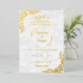 Gouden bladeren wit marmer moslim bruiloft folie uitnodiging (Staand Voorkant)