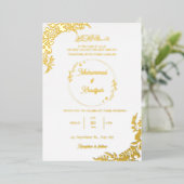 Gouden bladeren  witte moslim bruiloft folie uitnodiging (Staand Voorkant)