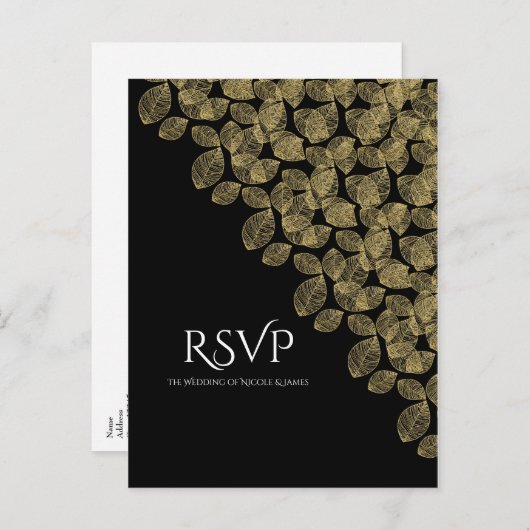 Gouden bladeren Zwart Herfst Elegantie Bruiloft RS Uitnodiging Briefkaart (Voorkant / Achterkant)